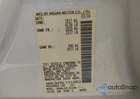 2016 Nissan Altima 2.5/2.5 S/2.5 Sl/2.5 Sr/2.5 Sv z USA, uszkodzony, nr VIN 1N4AL3AP3GC191002